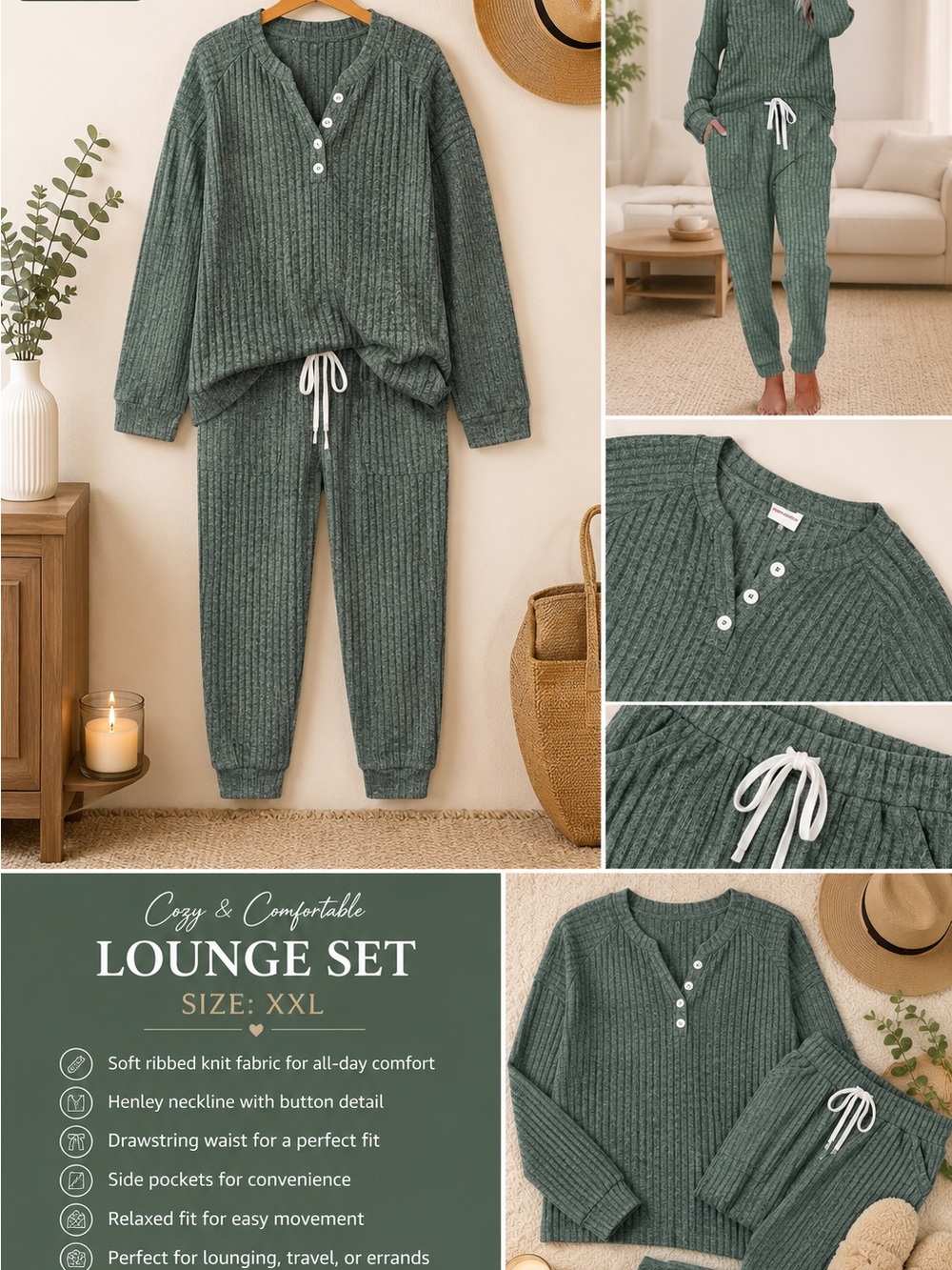 Cozy Ribbed Henley & Jogger Loungewear Set - Forest Green